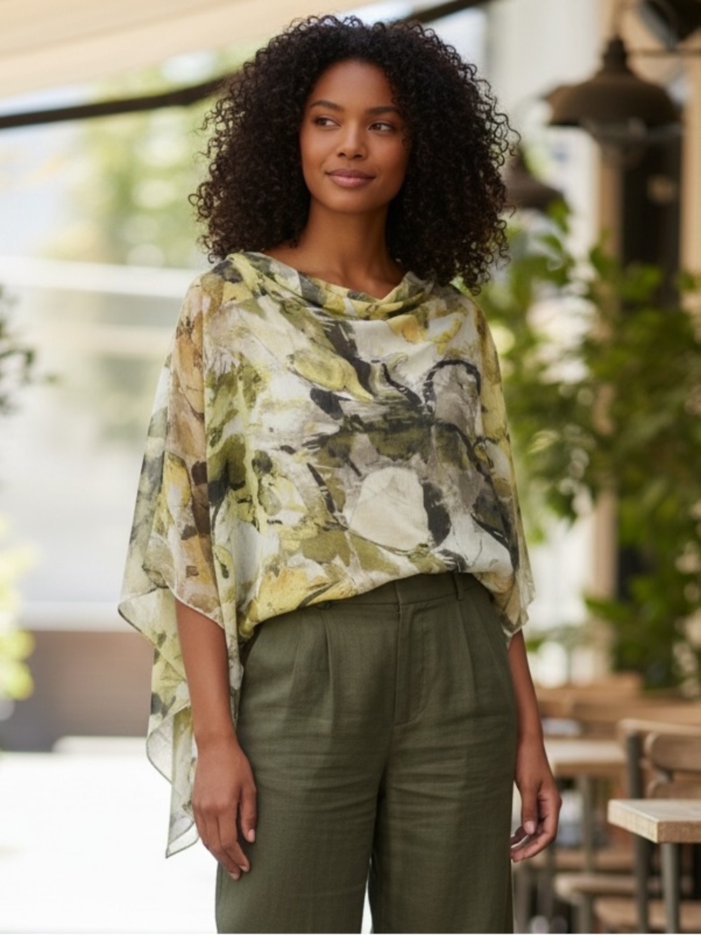 Conrad C Studio Sheer Floral Watercolor Blouse - Yellow & Olive